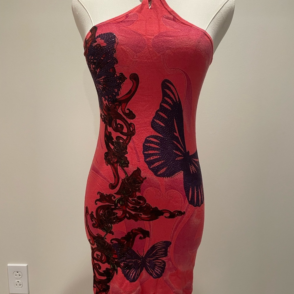 Christian Audigier One Shoulder Pink and Black Dress